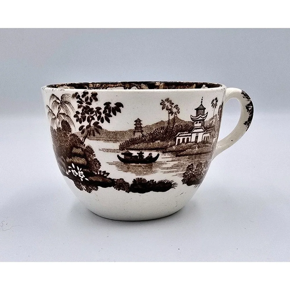 Antique Brown Transferware Tea Cup Chinoiserie Pagoda Landscape Scene White